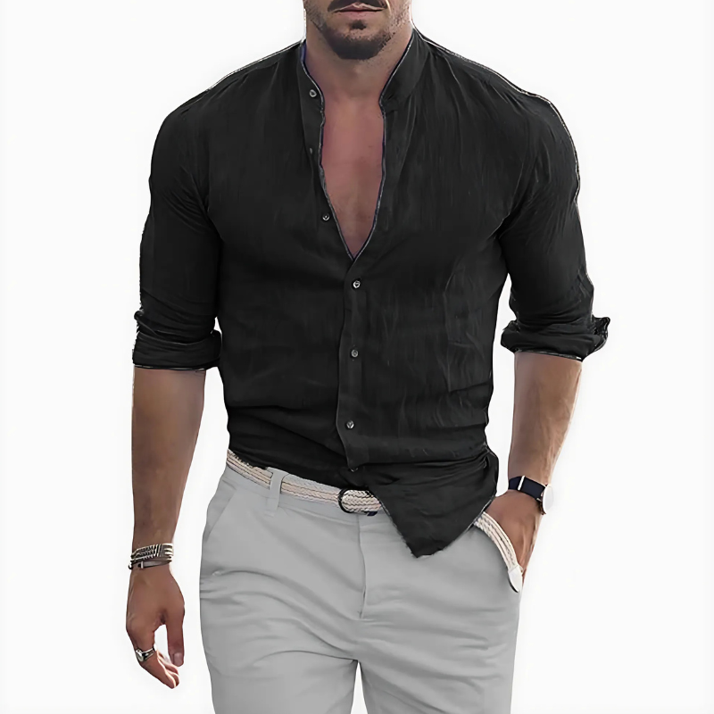 Men's linen cotton shirt with mockneck - long sleeve