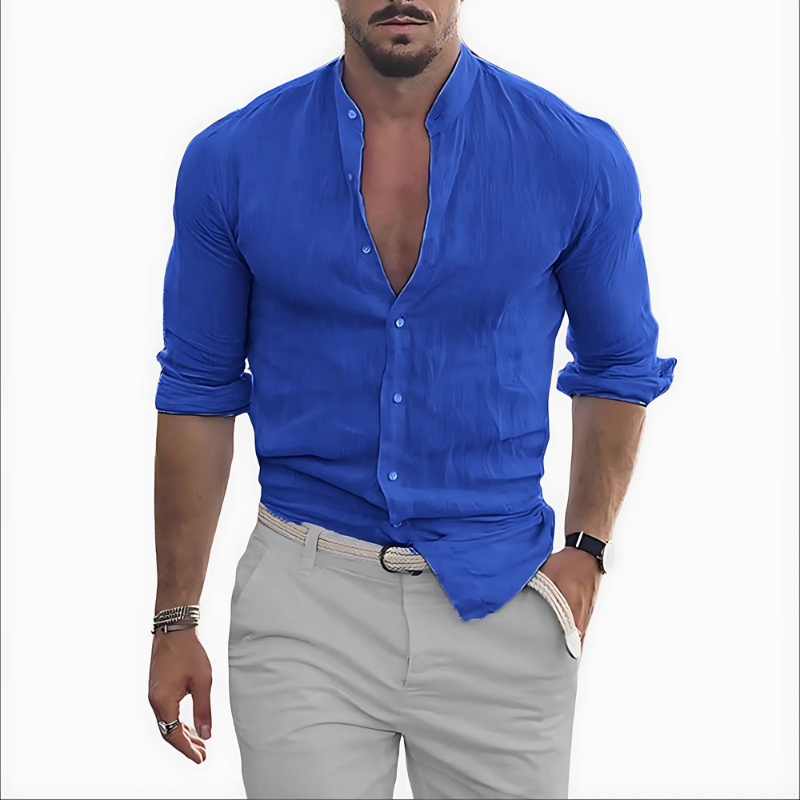 Men's linen cotton shirt with mockneck - long sleeve