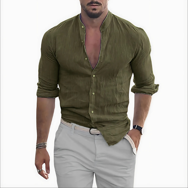 Men's linen cotton shirt with mockneck - long sleeve