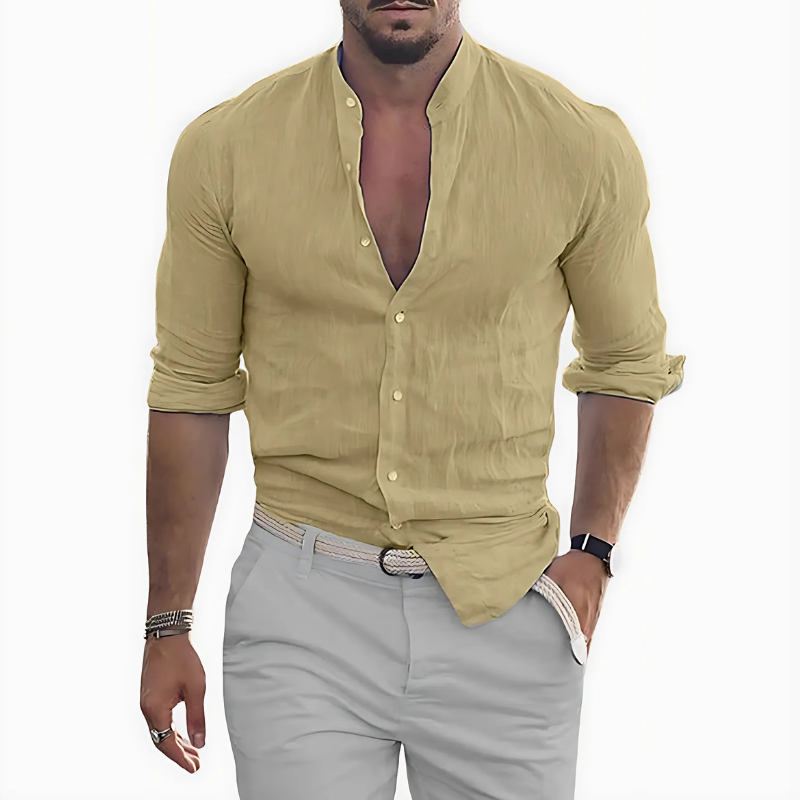 Men's linen cotton shirt with mockneck - long sleeve