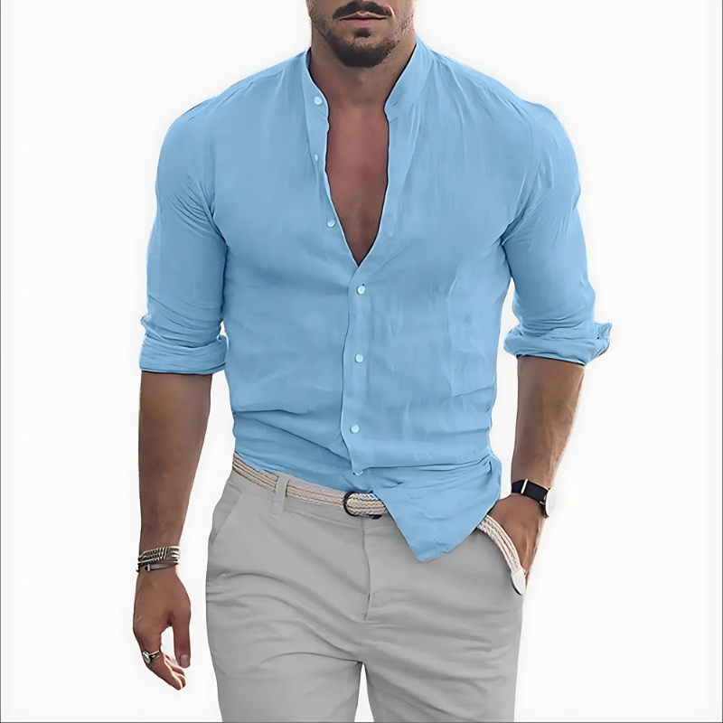 Men's linen cotton shirt with mockneck - long sleeve